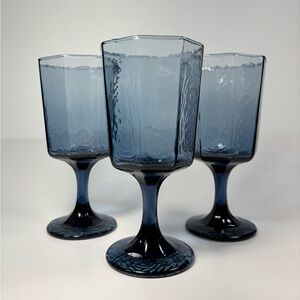Vintage Libbey Glass Co Textured Octagonal Dusky Blue Glass Goblets 7" Set of 3